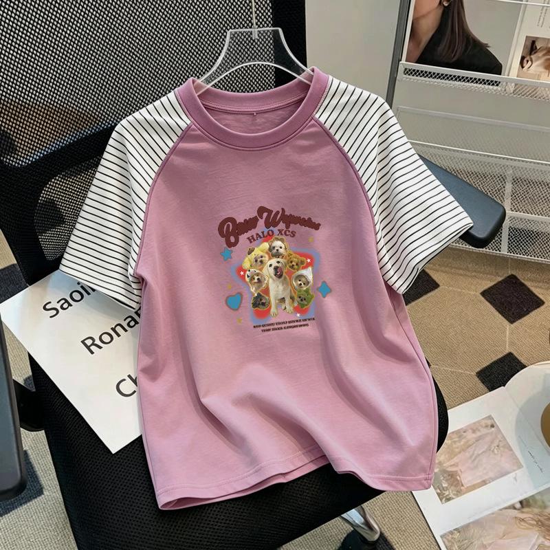 Girls' Trendy Patchwork Striped Cotton T-Shirt - Summer Short-Sleeve Round Neck for Medium & Large Sizes