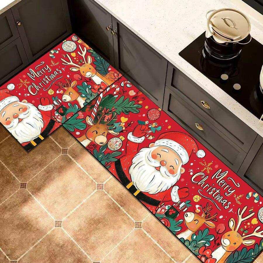 Christmas Santa Kitchen Mat Set, 2-PC Absorbent Non-Slip Floor Rugs for Holiday Decor