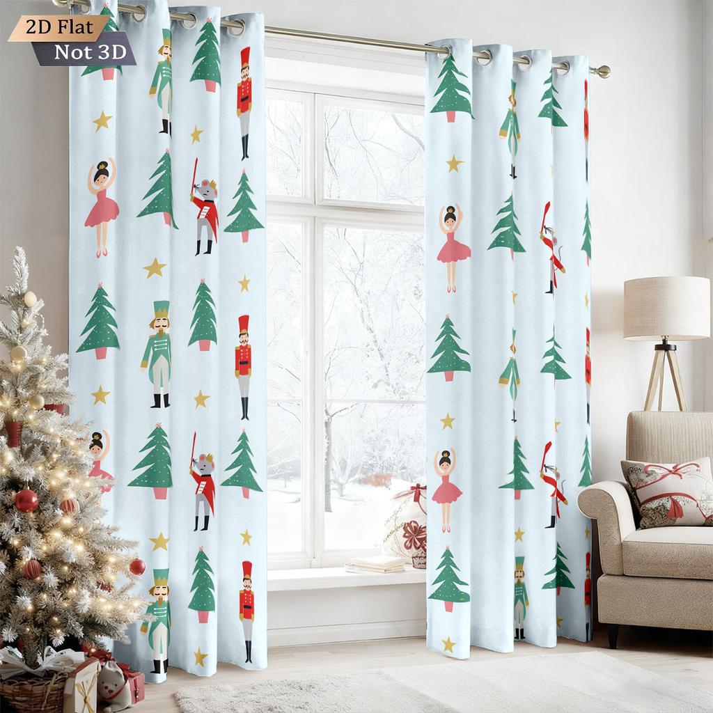 2Pcs Merry Christmas Nutcracker Printed Blackout Curtains Multi Size Living Room Insulation Holiday Decoration Easy To Install
