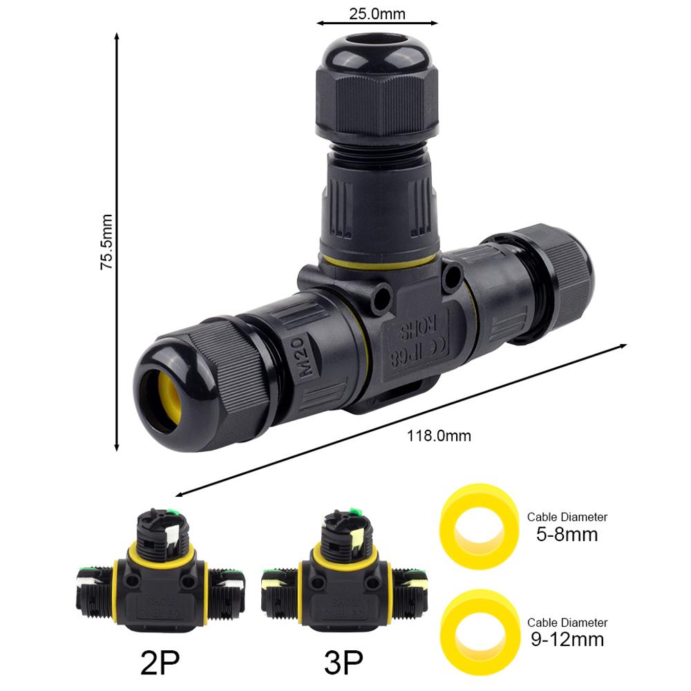 IP68 T Shape Outdoor Waterproof Connector 2/3Pin Wire Connectors Quick Push-in Terminals Connect  Electric Junction Box