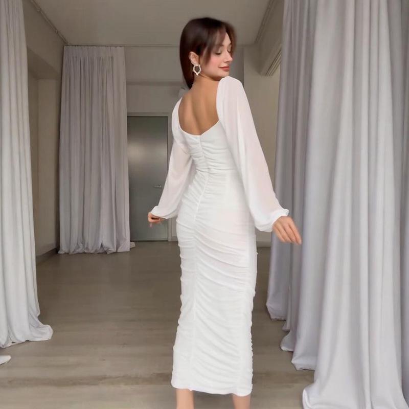 2025 Spring U-Shaped Pleated Solid Color Waist-Hugging Dress for Women