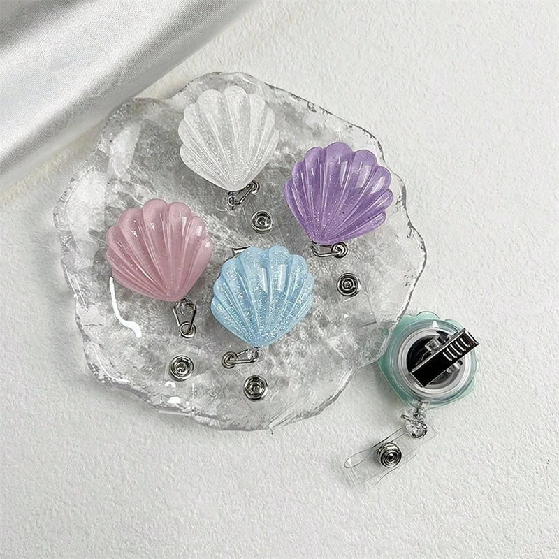 Glitter Seashell Badge Reel Retractable ID Card Badge Holder Name Tag Work Alligator Clip for Teachers Office Staff Nurses