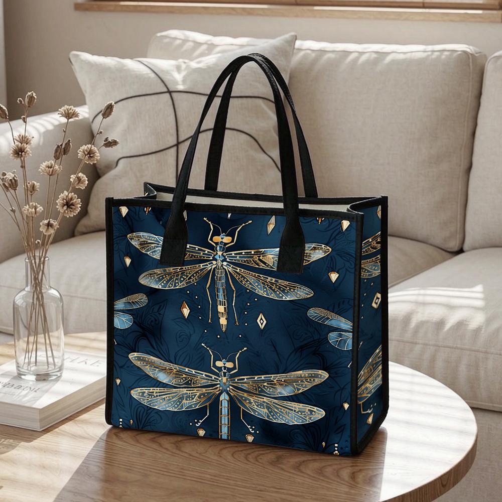 Vintage Dragonfly Print Tote Bag Large Capacity Casual Shoulder Bag for Daily Use Shopping Travel