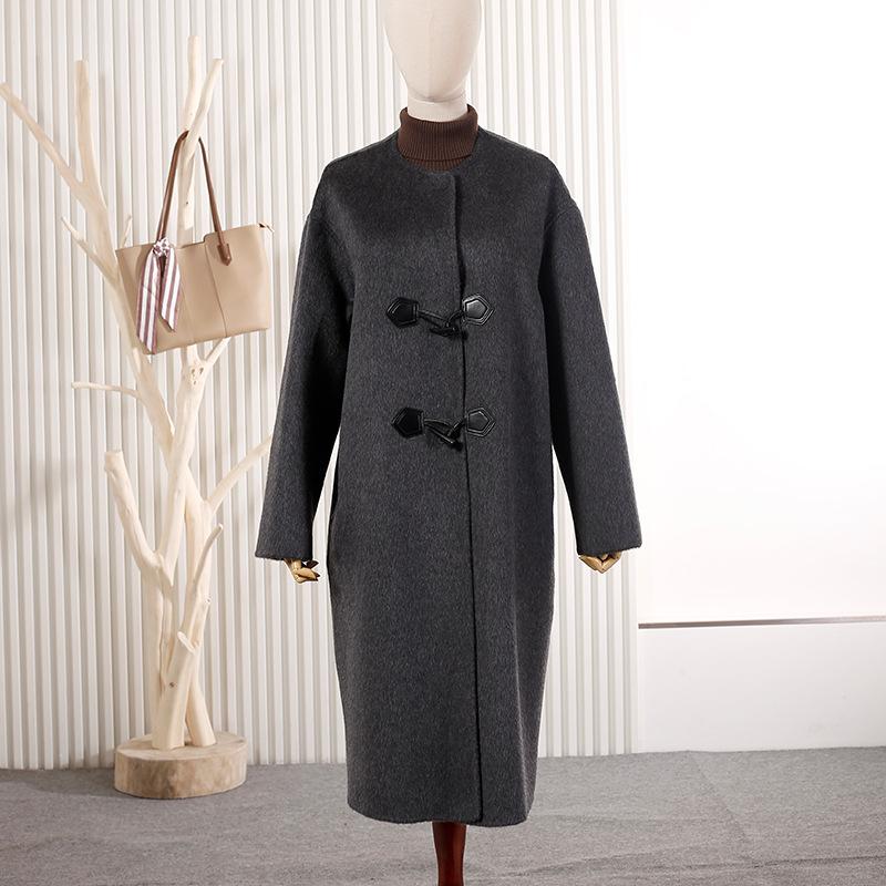 New Double-sided Cashmere Coat with Croissant Buckle Round Neck Medium and Long Woolen Coat Wool Coat Autumn and Winter