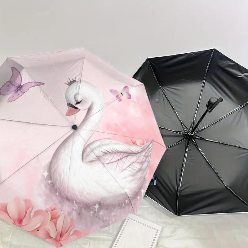 1pc Swan Princess Automatic Folding Umbrella, Heavy Duty 8 Rib Iron Frame,  Suitable for Travel, Daily Use, Birthday, Decor Gift m0104027