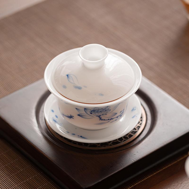 Sancai cover bowl Dehua white porcelain tea bowl Chinese-style household high-end large-capacity hover cover bowl tea