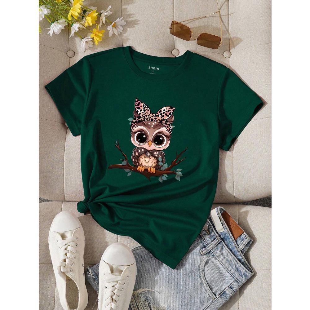 Women's Summer Cartoon Owl Printed Round Neck Short Sleeve Casual T-Shirt