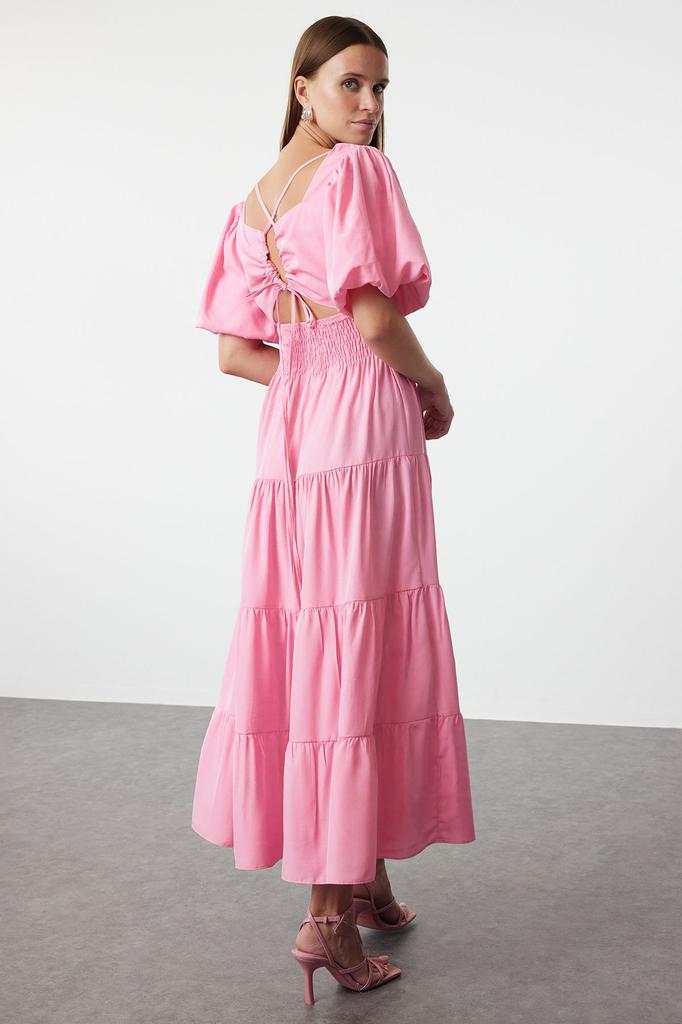 Women's Style Dress Pink Square Neck Maxi Woven Dress with Opening Waist and Back Detail
