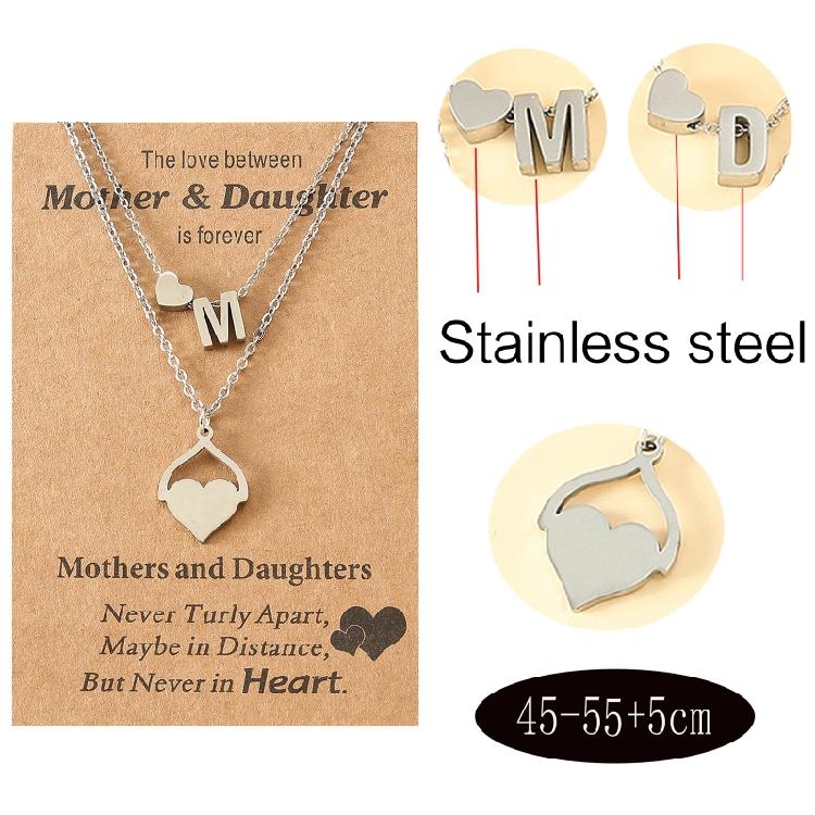 Silver Heart-shaped Letter Necklaces Mother's Day Parent-child Card Necklaces Stainless Steel Collarbone Chain Jewelry