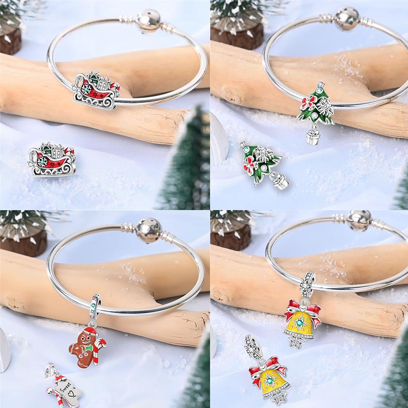 Christmas Charms Beads Copper Christmas Tree Snowman Elk Charm Fit Original Bracelet Pendents Women Party Jewelry