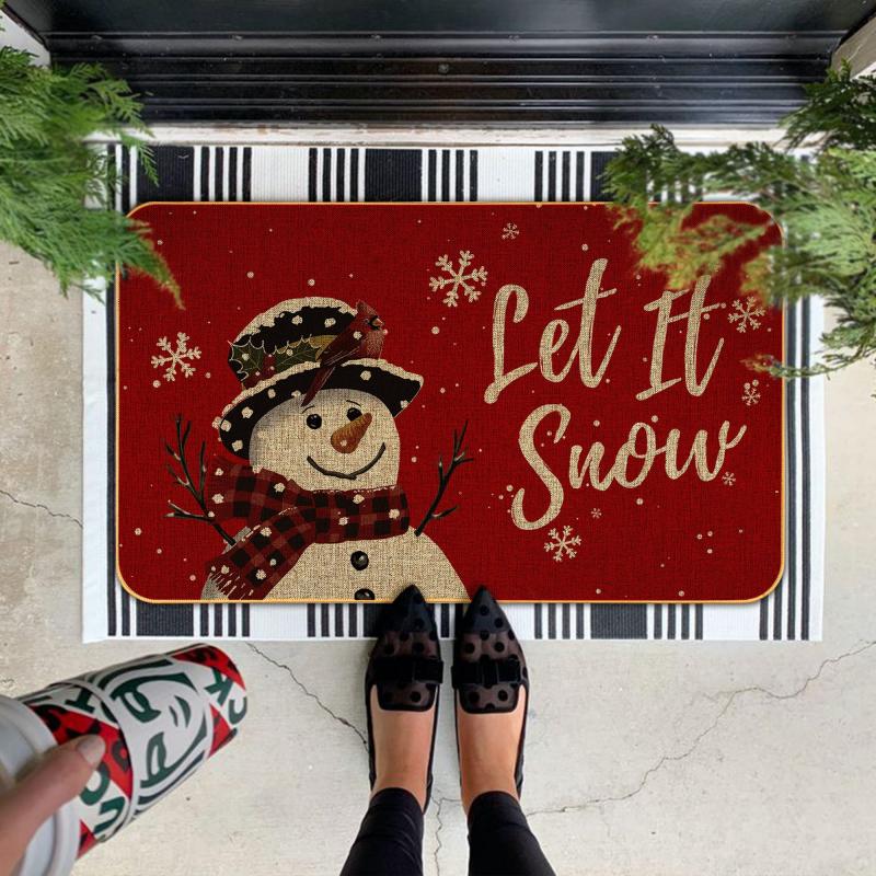 VIKAMA Winter Snowman Entry Doormat Plaid Scarf Snowflake Pattern Non Slip Mat For Porch Indoor Home Xmas Party Decoration