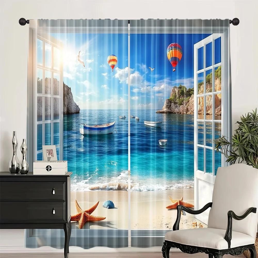 Set Of 2 Scenic Seascape Curtains Polyester Beach Holiday Window Decor Coastal Home Curtain With Rod Pocket