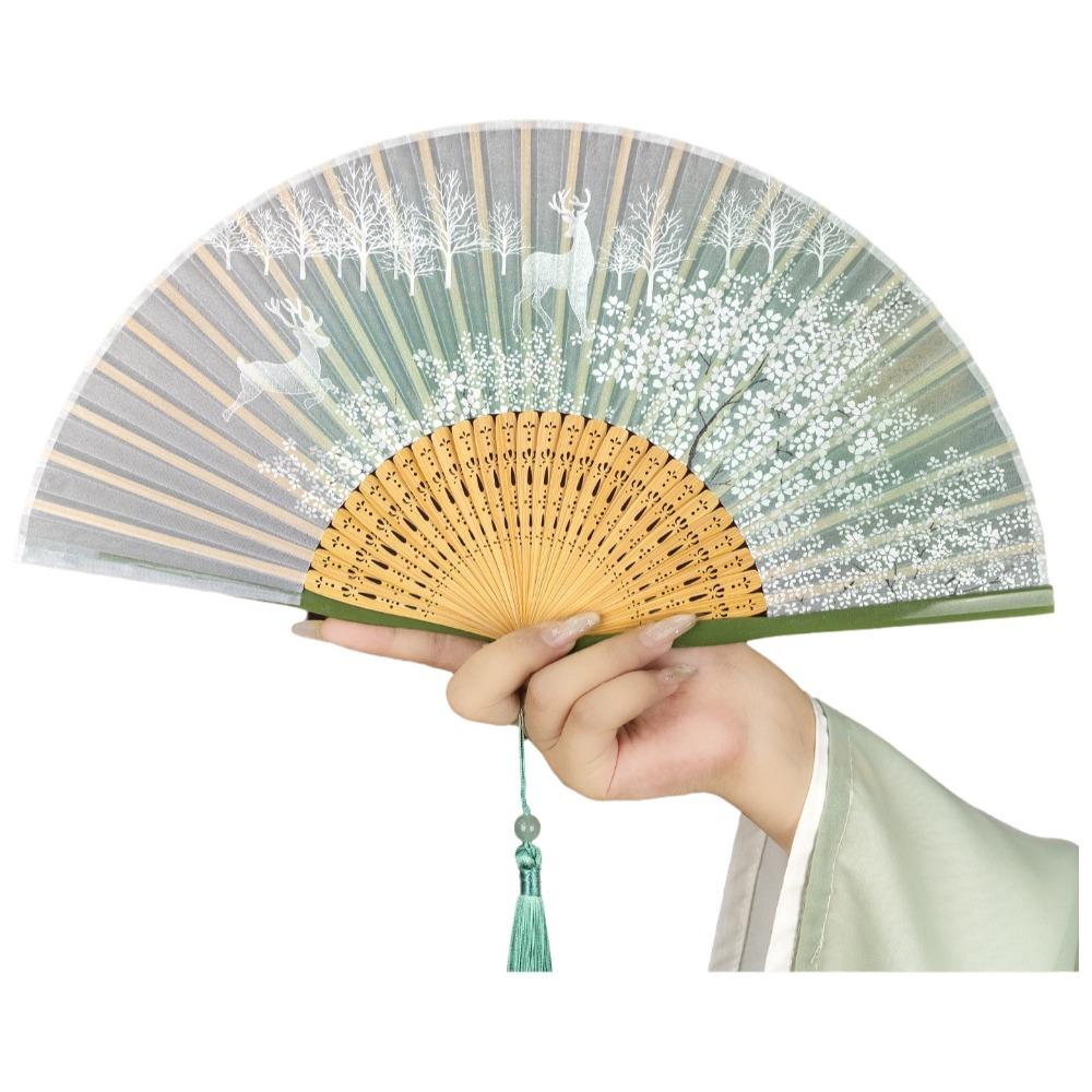 Chinese Ancient Style Portable Folding Fan Classical Wooden Handle Dancing Fan with Tassels Traditional Decorative Fan