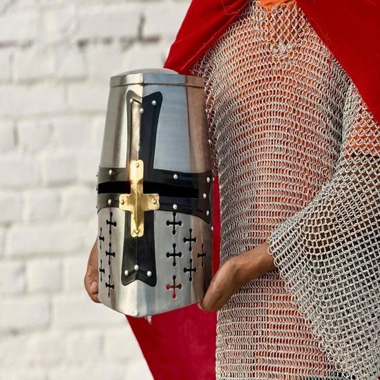 Knight Templar Crusader Helmet  Medieval Great Helm, Larp And Cosplay Helmet  Handmade Steel  Brass Best Gift For Him
