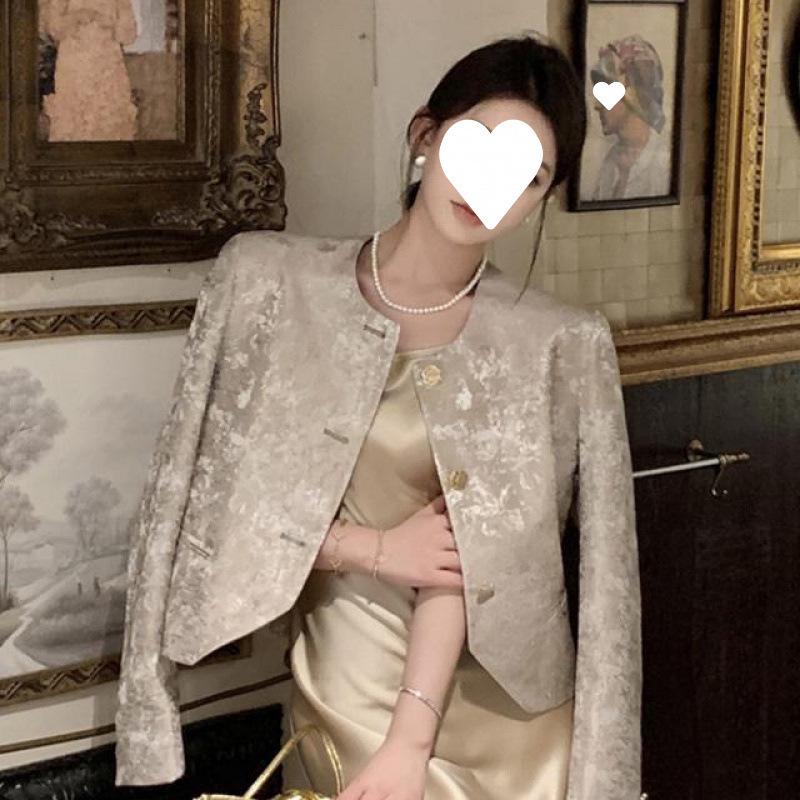 Elegant Women's Jacquard Jacket & Acetate Satin Dress Set