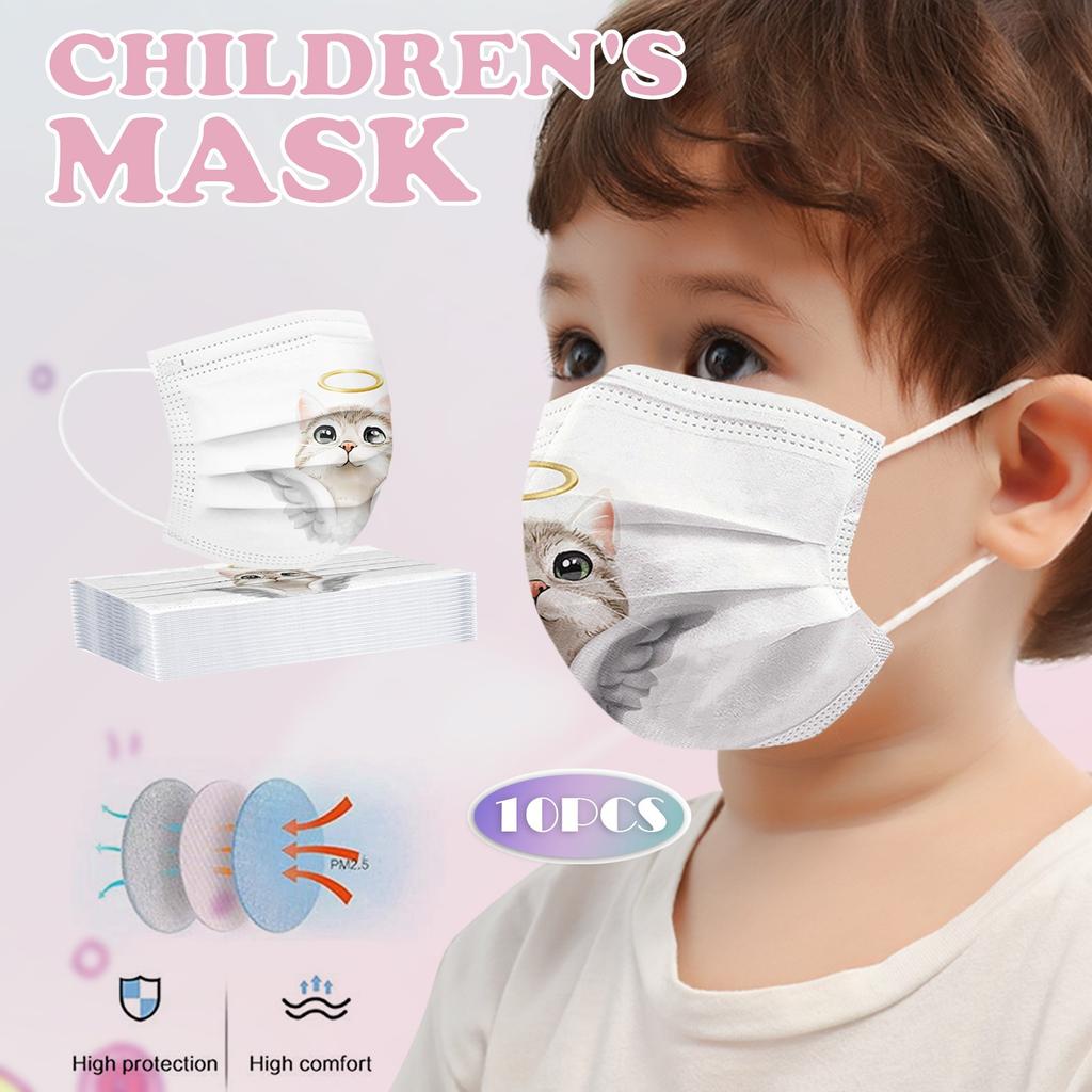 10pcs Children's Mask Disposable 3 Ply Safety Face Masks, Dust-Mask With Stretchable Earloops