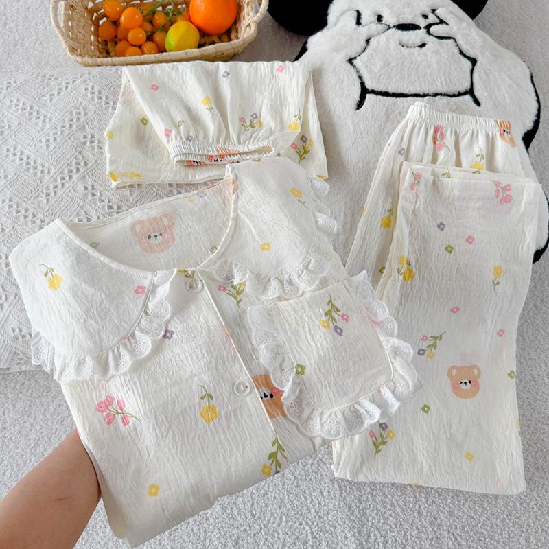 

Пижама из облачного хлопка женская летняя с коротким рукавом тонкая милая мультяшная домашняя одежда кукольный воротник комплект из трех предметов 2XL