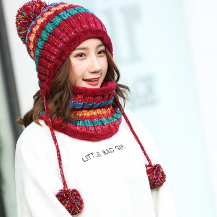 Wool hat women's winter sweet and cute knitted autumn and winter street thickened ear hat scarf neck cover hat
