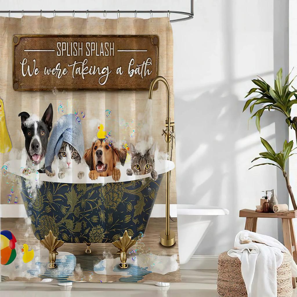 Cats and Dogs Shower Curtain Raining Cartoon Corgi Cute Animal Hilarious Pet Playing Water Polyester Waterproof Bathroom Curtain
