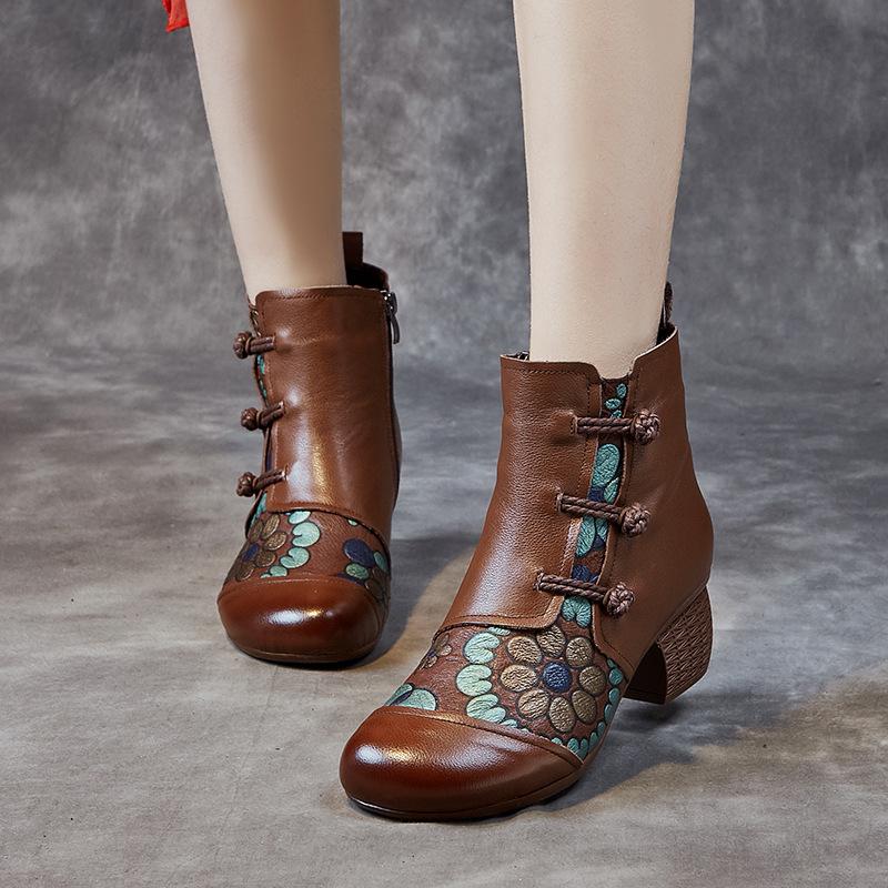 Ethnic Style Women's Shoes New Winter Padded Warm Cotton Shoes Thick with Soft Bottom Head Layer Cowhide Middle-aged Boots