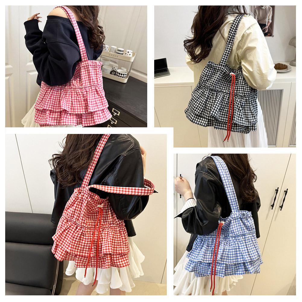 Large Capacity Shoulder Bag Fashion Ruffles Design Casual Lotus Leaf Plaid Shoulder Bag  Simple Commute Shopping Bag