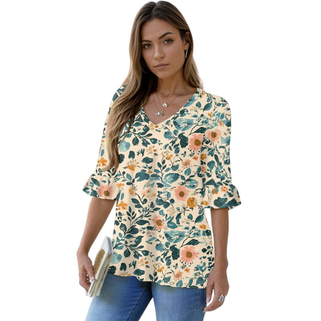 Women's Casual 3/4 Sleeve Tops V-Neck Sleeve T-Shirt Floral Print Tops