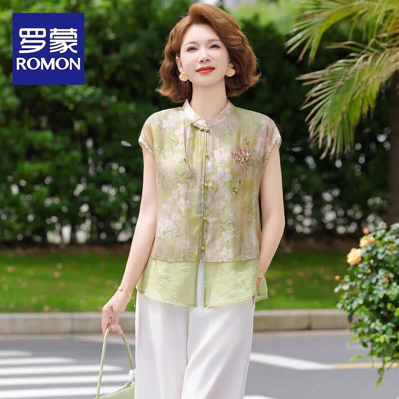 ROMON Mid-Aged Women s Summer Floral Chiffon Top Set 4XL