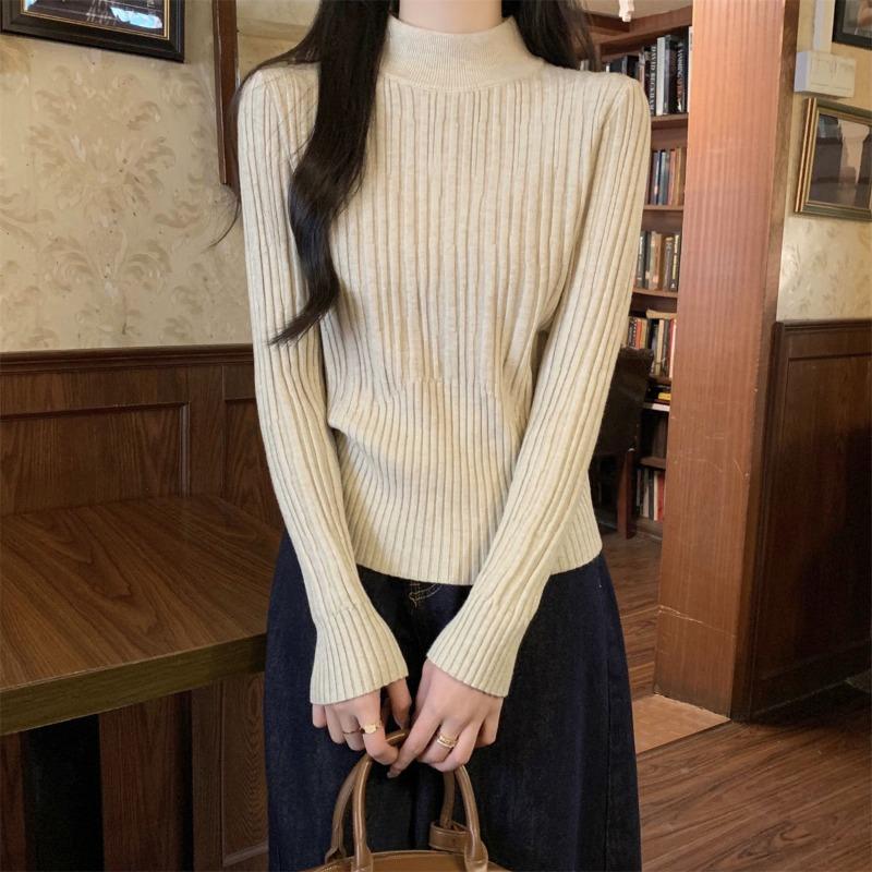 Semi-turtleneck knitted sweater women's spring simple pit strip gentle wind bottoming shirt front shoulder top inside