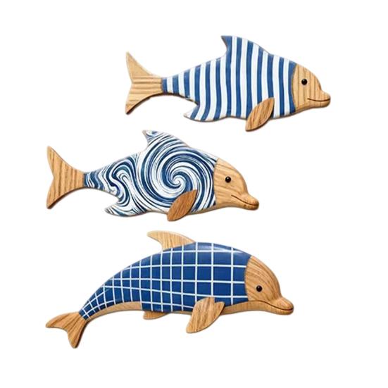 3Pcs/Set Geometric Wooden Dolphin Wall Decoration, Striped Wavy Plaid Fish Wall Art, Nautical Wall Hanging Ornament for Beach House, Bathroom