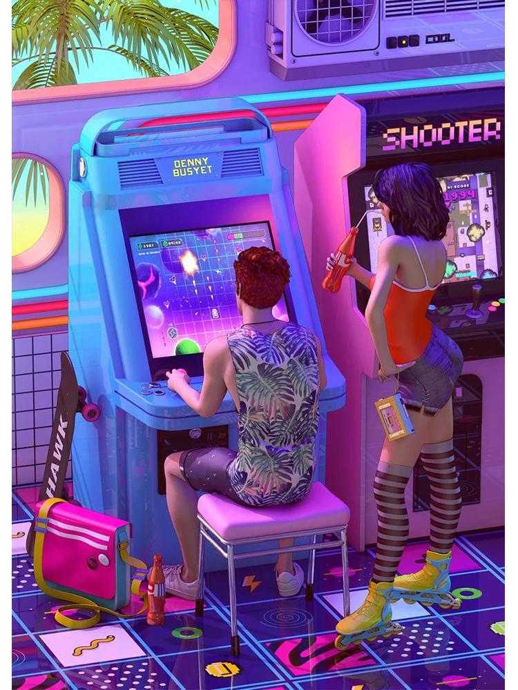 Neon Synthwave Arcade Zone Dream Posters Canvas Painting Game Playroom Wall Art Picture For Cafe Club Room Home Decoration