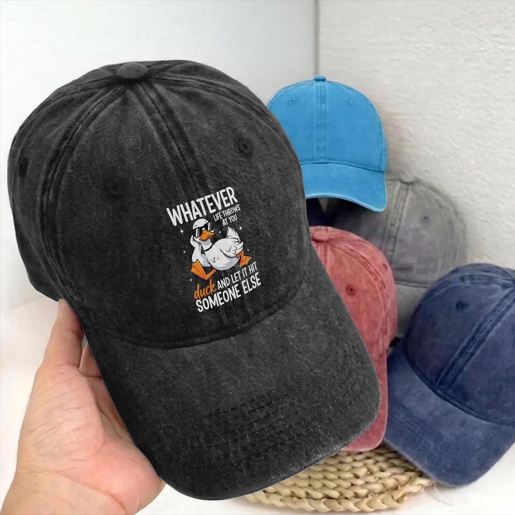 Whatevers Life Throws At You Duck Baseball Caps Unstructured Unisex Funny Pun Distressed Cotton Snapback Cap Outdoor Gift Hats
