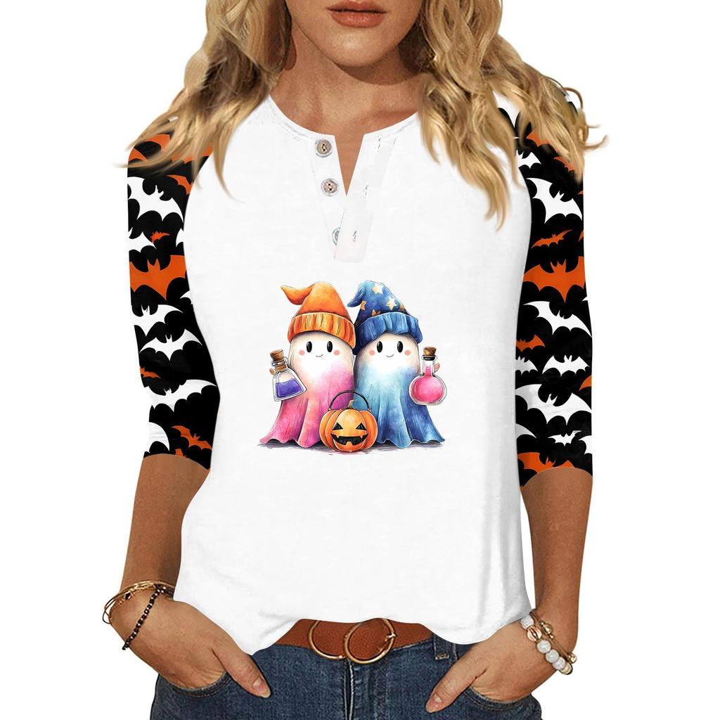 Dámské tričko Halloweenský potisk Knoflík 3/4 rukáv Denní Víkendová Móda Základní V-výstřih Běžný Top