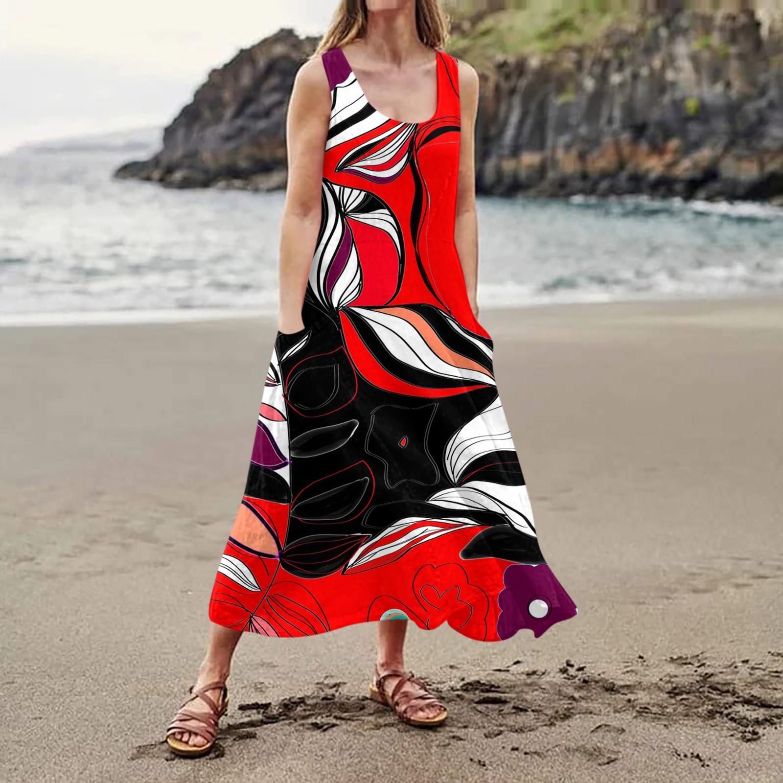 

Женское повседневное удобное хлопковое карманное платье без рукавов с цветочным принтом XL красный