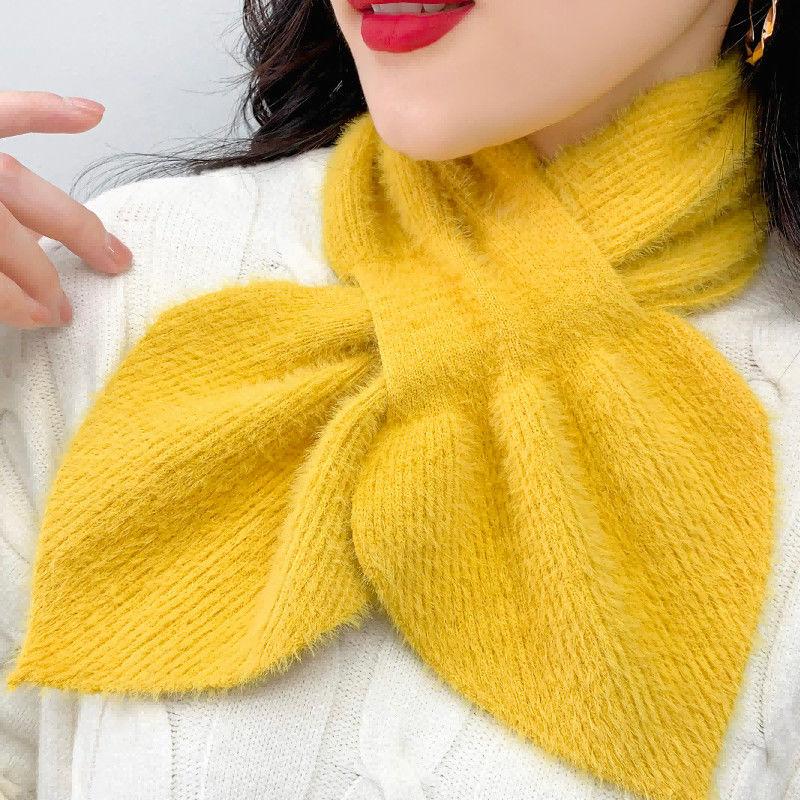 Korean Thick Faux Mink Velvet Knit Diamond Neck Guard Shawl Winter Cross Plush Scarf Women Fake Collar Pullover Warm Scarve T51