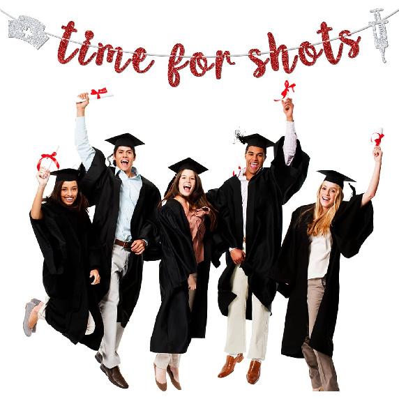 Red Glitter Time for Shots Banner, Congrats Nurse/Future Nurse/I Will Stab You/Nursing School Survivor, 2025 Nurse Graduation Party Decorations