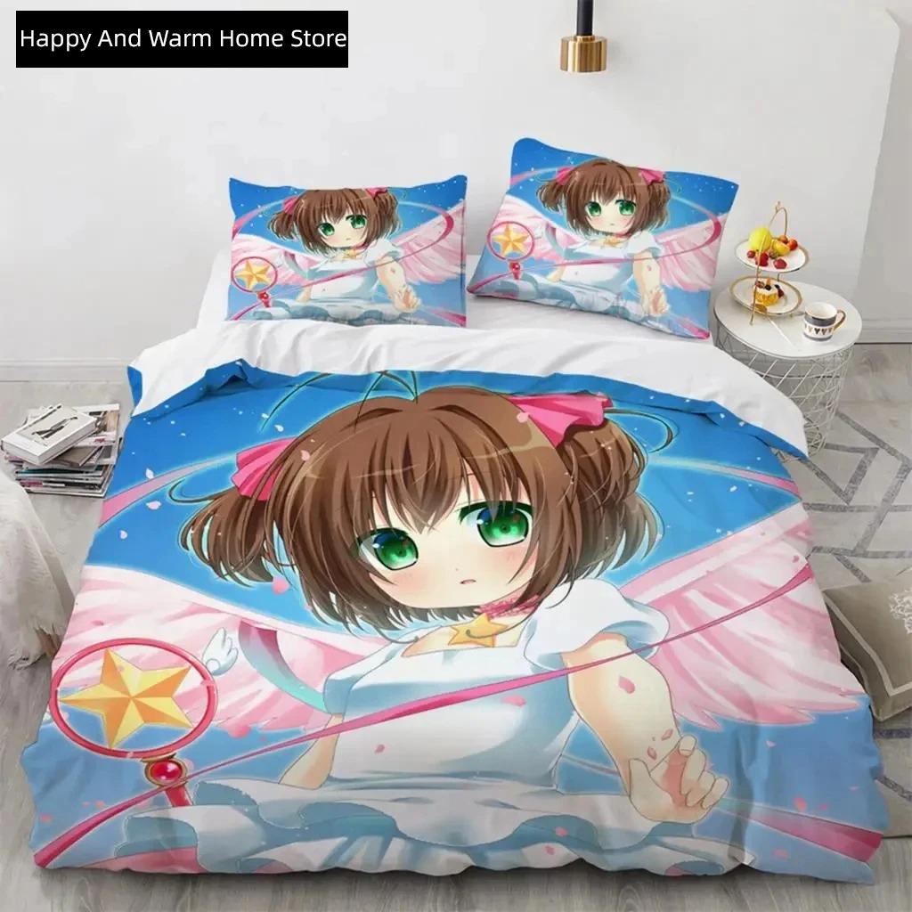 Anime Cardcaptor Sakura Beding Set,Soft Duvet Cover Warm Comforter Bed Linen Set Comfortable Quilt Cover Pilowcase,King Quen Twin Sized Dimensions