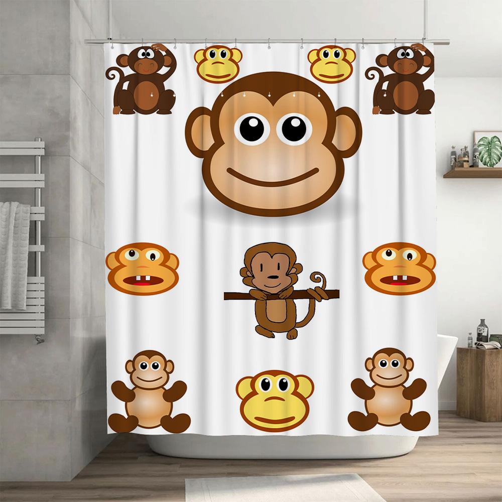 Whimsical Monkey Shower Curtain Set: Waterproof Fabric, Cute Animal Print Decor For Bathroom, Perfect Gift Idea (White Backgroun