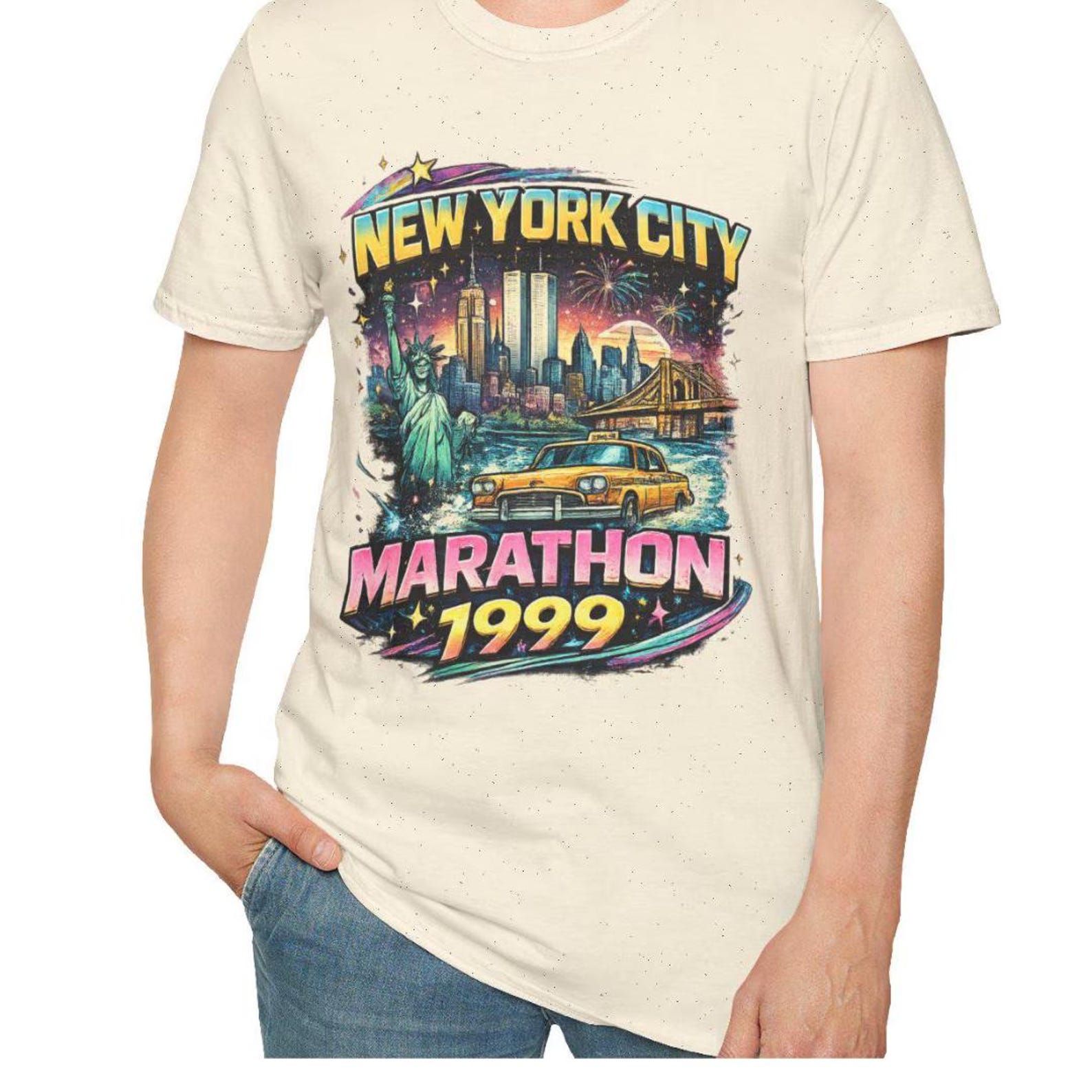 New York City Marathon 1999 T-Shirt | Vintage NYC Skyline, Taxi Graphic 2XL