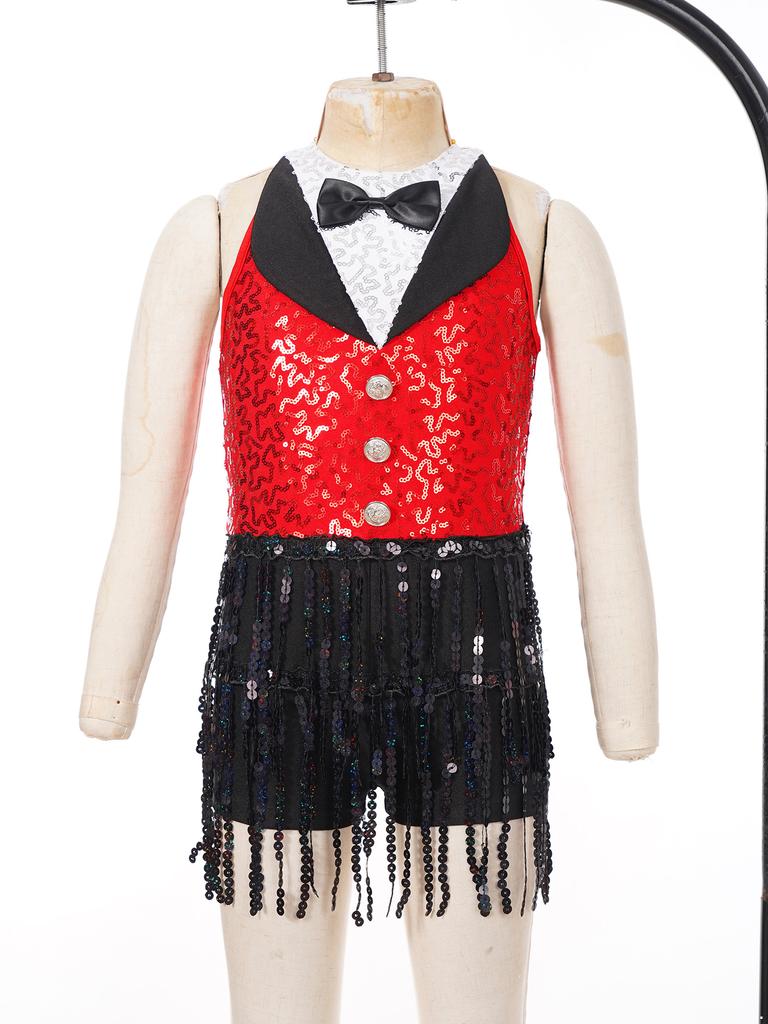 Kinder Mädchen Latin Dance Glänzenden Pailletten Ärmelloses Rundhals Quaste Saum Trikots Skating