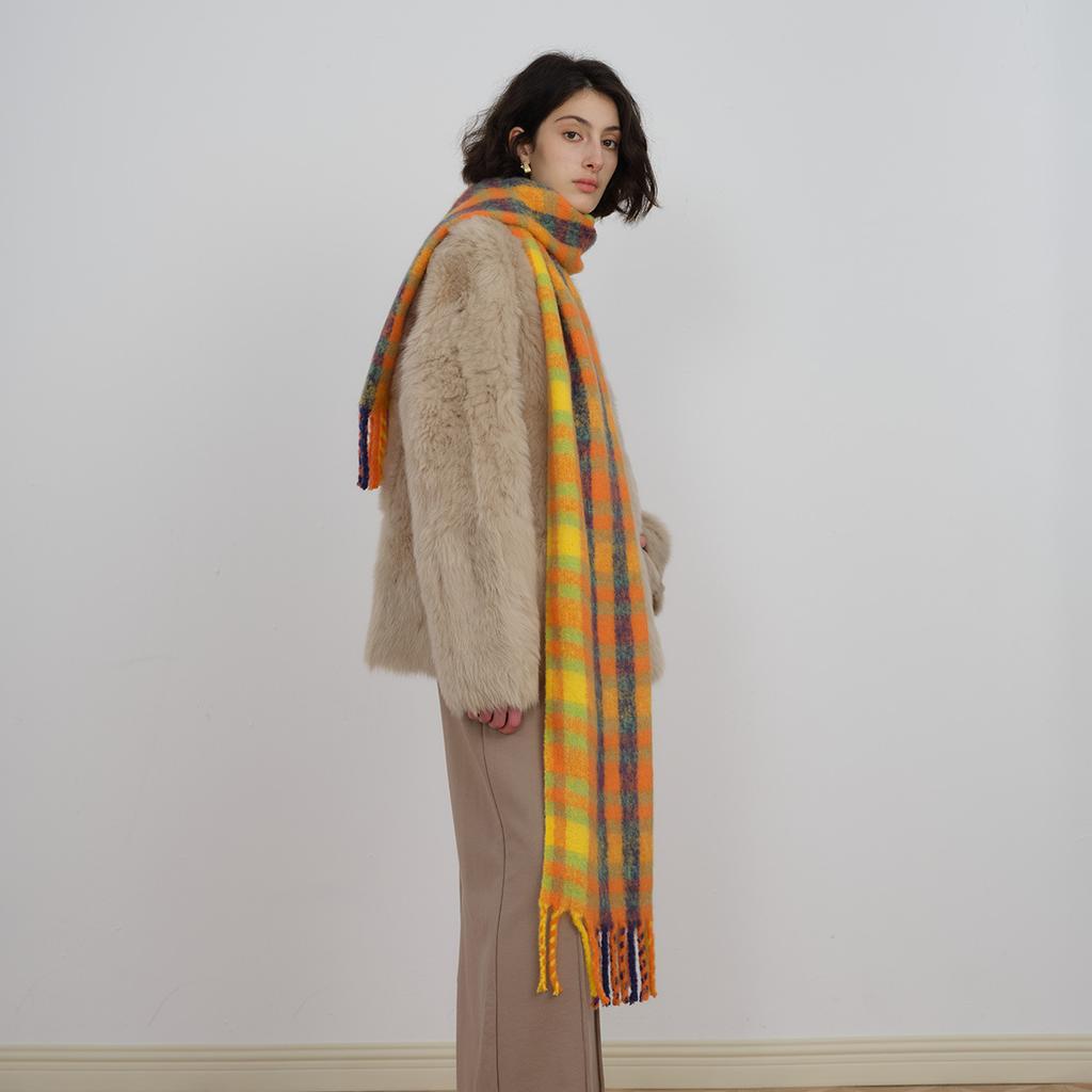 Wool Blended Dopamine Orange Plaid Scarf for Women Autumn and Winter Soft Warm Scarf