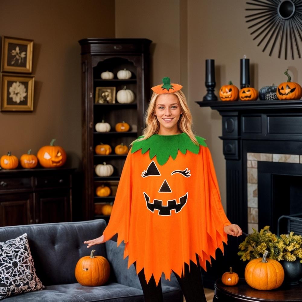 New Halloween Luminous Cloak Role Playing Stage Party Performance Festival Costume Pumpkin Cloak With Hat For Adults Kids
