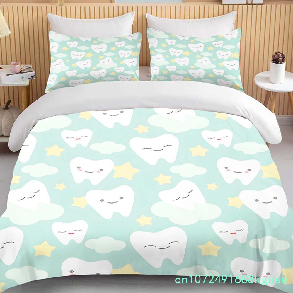 Cute Cartoon Teeth Print Bedding Set Duvet Cover 1 Duvet Cover 2 Pillowcases Adult And Children Bedding Set Luxury Bed Cover Set