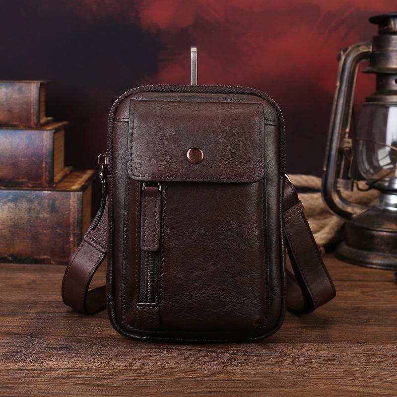Real Leather Messenger Bag, Cowhide Phone Case, Handcrafted Single-shoulder Crossbody Bag, Men's Retro Bag Casually