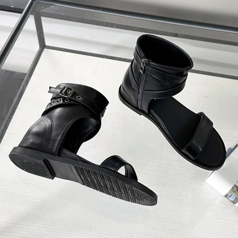 Fashion New Open Toe Ankle Boots Women Summer Fashion Rivets Belt Buckle Design Square Heel High-top Flat Sandals Elegant Leather Boots