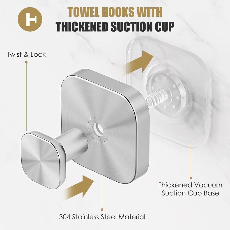 2Pcs Square Strong Suction Cup Hooks Stainless Steel Wall Hook No-Drill Towel Holders For Kitchen Bathroom Hanging Hangers