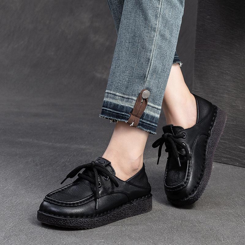 Fashion GKTINOO Women Loafers Spring Genuine Leather Comfort Flat Mother Shoes Lace Up Footwear Fashion Female Footwear Zapatos De Mujer