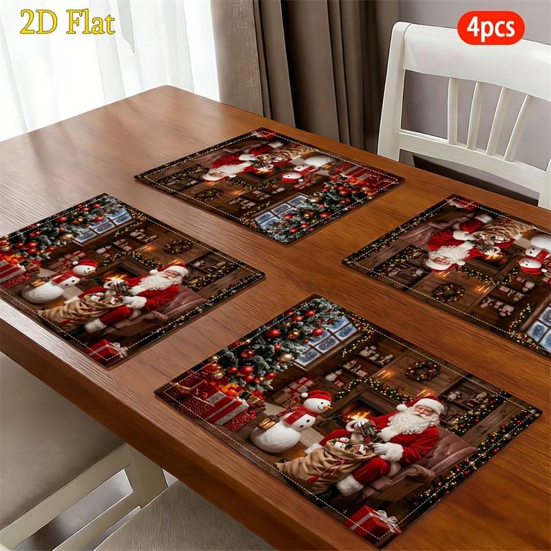 Christmas Linen Placemats, Santa Cabin with Snowman Gifts, Absorbent Easy Clean, Holiday Dinner