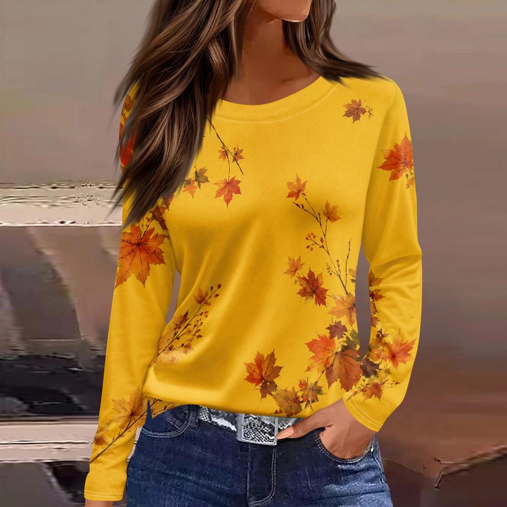 Women's Casual Long Sleeve Maple Leaf Print Round Neck Blouse for Everyday Wear