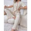 Damen Farbblock V-Ausschnitt Rüschen Pyjama Set - Kurzarm Cardigan & Lange Hose