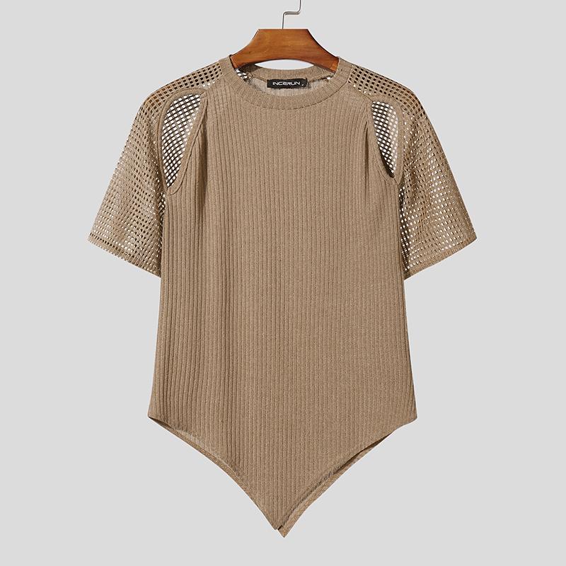 

INCERUN Men Round Neck Short Sleeve Cutout Hollow Patchwork Casual Fitted T-shirts 3XL хакі